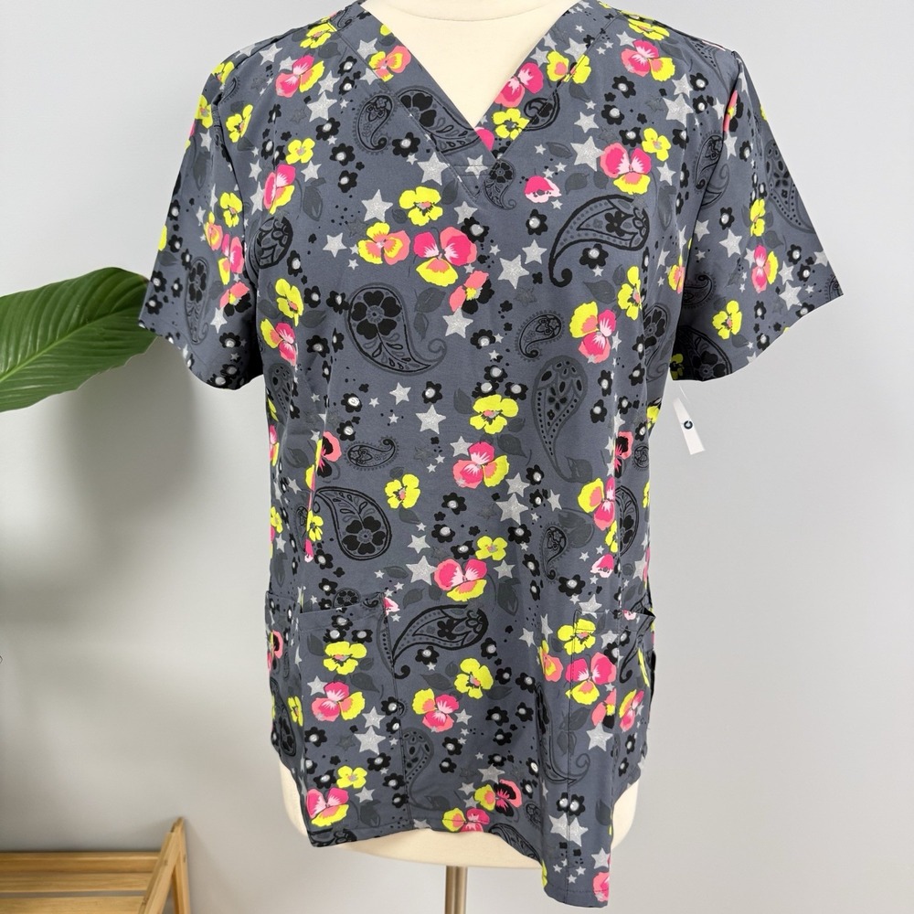 NWT Cherokee Pansies & Paisley Scrub Top M Pewter Gray Scrubs Nurse Uniform